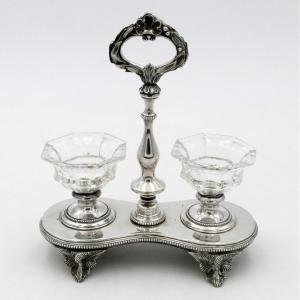 Salière Double En Métal Argenté Et Cristal, Fin XIXe Siècle.