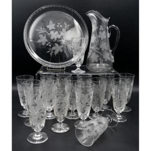Bohemian, Important Crystal Orangeade Service Engraved With Vine Leaves, Circa 1900.