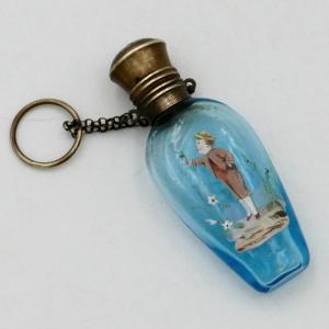 Flacon à senteur ou sels Art Nouveau, verre émaillé, vinaigrette, châtelaine, parfum, XIXe.