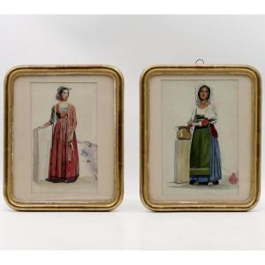 Paire d'aquarelles, Italie, portraits de jeunes femmes, vers 1840, Nettunense, Ciociara.