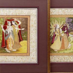 Radha Krishna, paire de peintures indiennes sur tissus, Inde, XXe siècle.