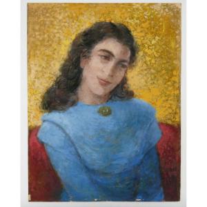 Henri Laffite (1885–1977), Portrait de femme, cheveux longs, robe bleue, HSP, XXe siècle.