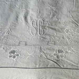 Bed Linen Set, Large Sheet With Extensive Embroidery And Two Pillowcases "sc", Art Nouveau Monogram