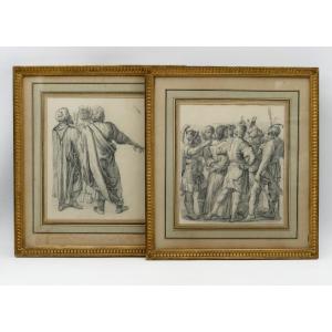 École Romaine, paire de dessins, « Le Christ devant Pilate », XIXe siècle.