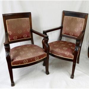 Pair Of Empire Armchairs, Armrests In The Form Of Women's Busts, 19th Century.