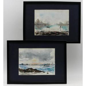 Pierre Piot (1921 – 1998), paire de marines, aquarelle, XXe siècle.