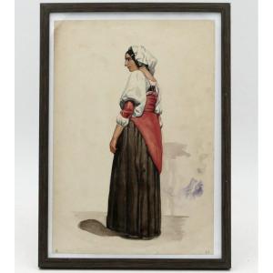 École italienne, aquarelle, « Napolitaine à la robe verte », vers 1840, XIXe siècle, n°2.