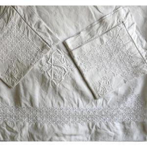 Bedding Set, Large Bedsheet Embroidered With “c S,” Richly Openwork, With Matching Pillowcases, Early 20th Century.