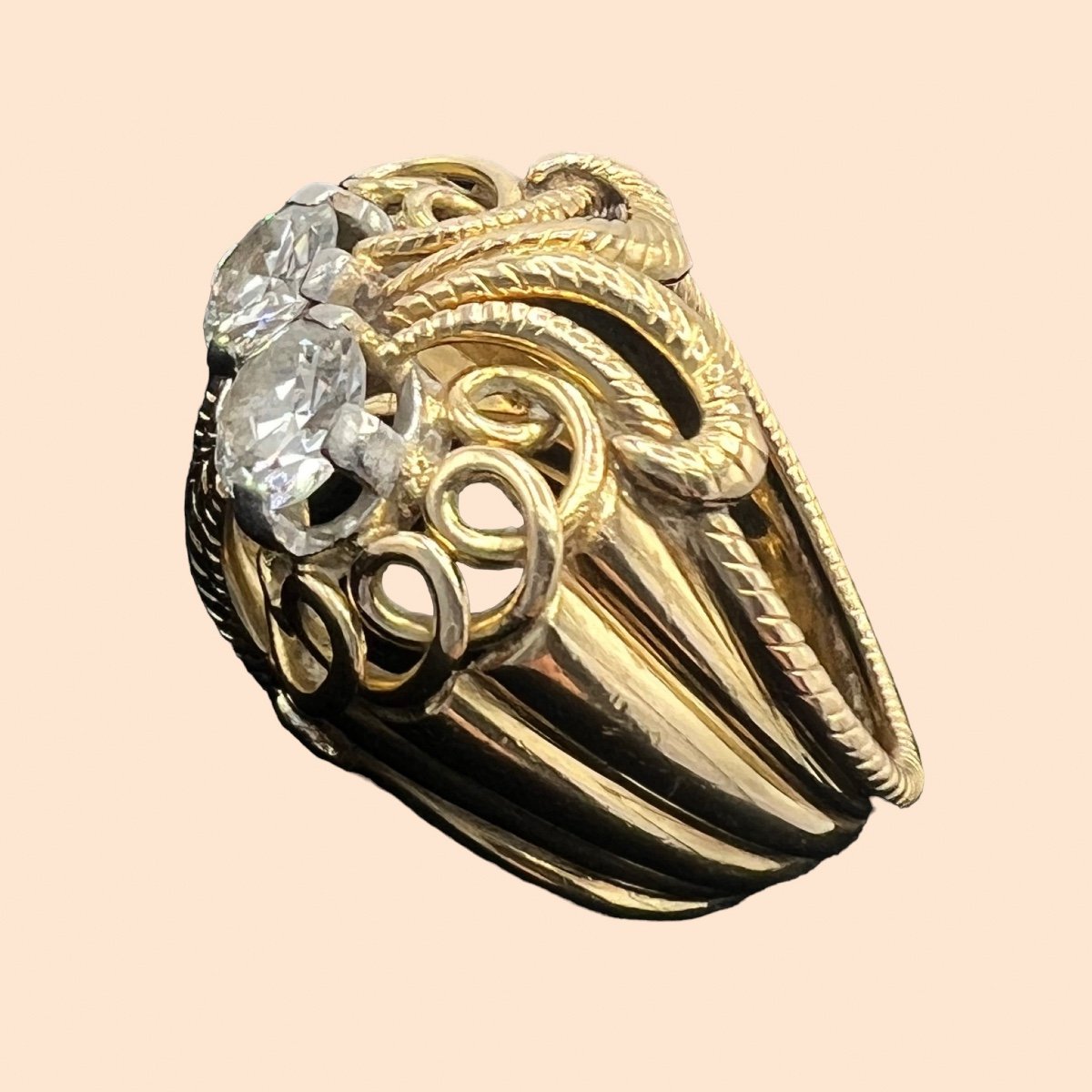 Superb Cocktail Ring From The 1950s In 18 Carat Gold, Set With Two Modern Cut Diamonds,-photo-3