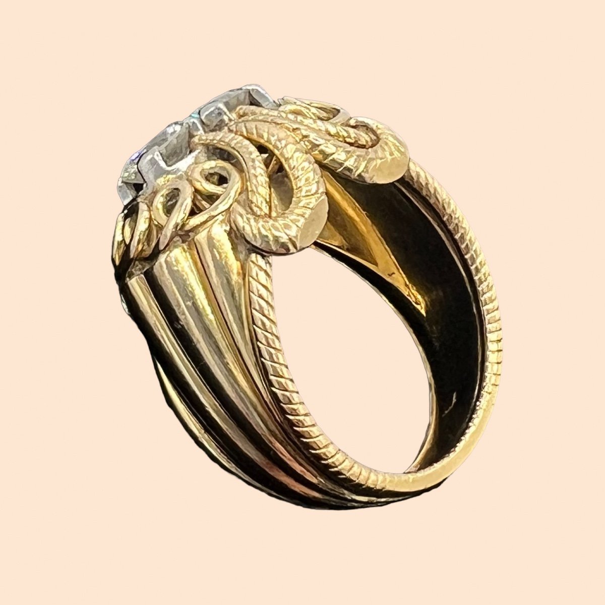 Superb Cocktail Ring From The 1950s In 18 Carat Gold, Set With Two Modern Cut Diamonds,-photo-4