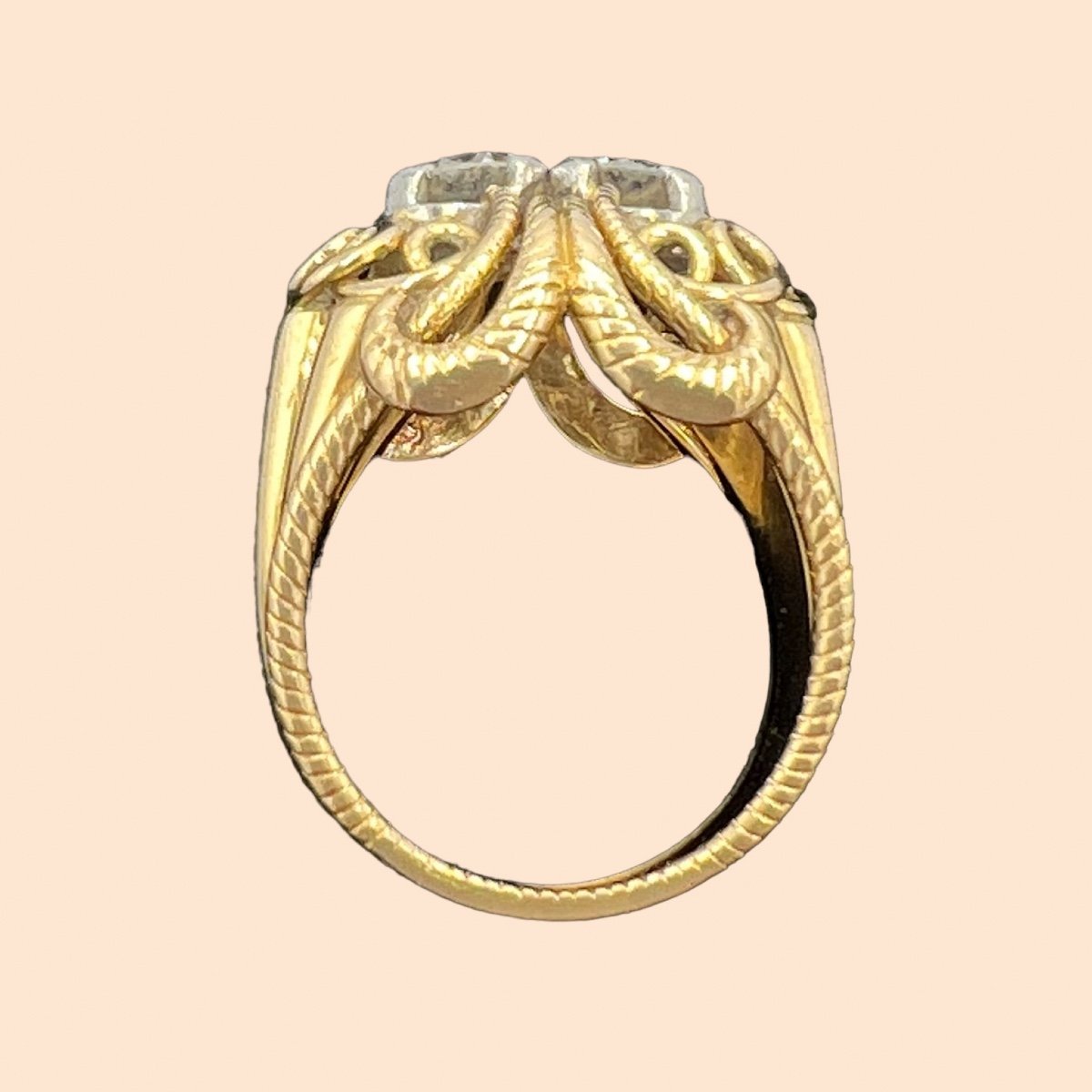 Superb Cocktail Ring From The 1950s In 18 Carat Gold, Set With Two Modern Cut Diamonds,-photo-7
