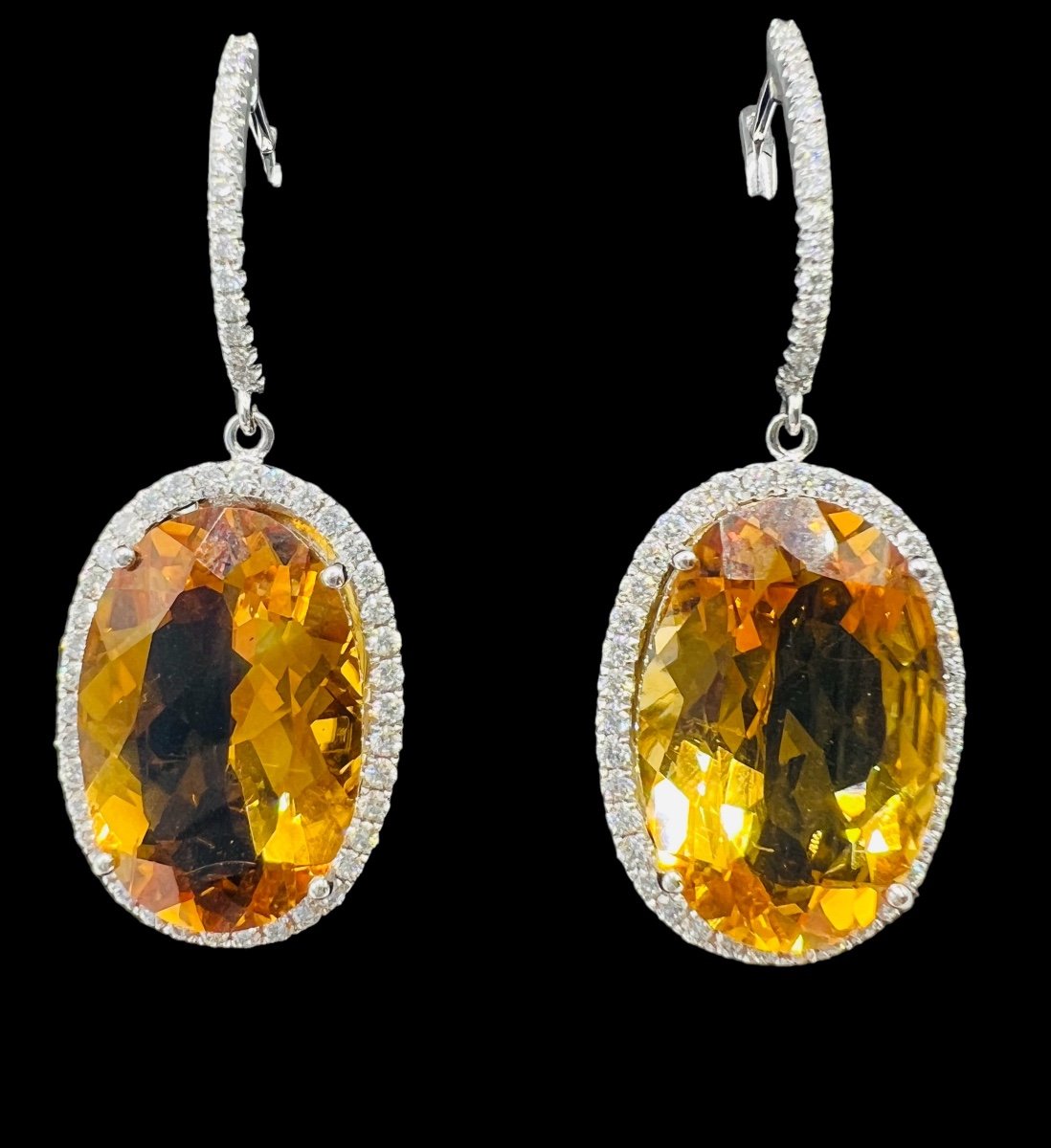 Pair Of 18 Carat Gold Earrings Set With Citrines Surrounded By Diamonds