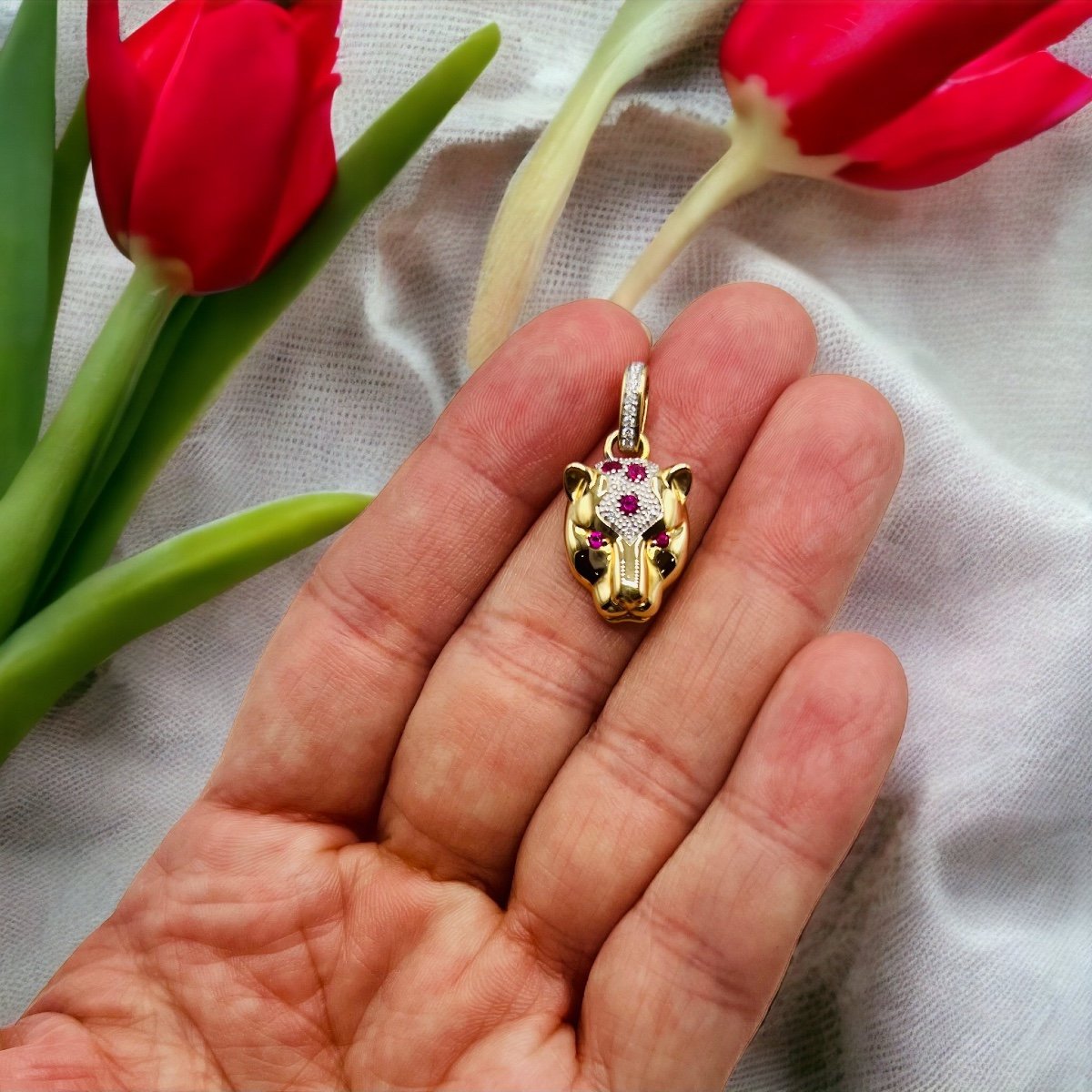Panther Pendant 18 Carat Yellow Gold Set With Rubies And Diamonds -photo-3
