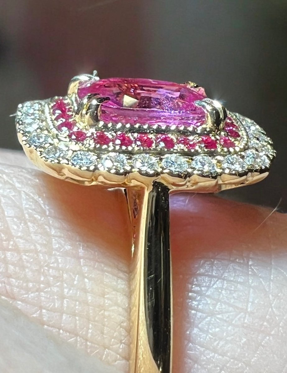 Bague Saphir Rose 1.31Carat Environ Entouré Pavage Diamants Et Saphirs Roses-photo-2