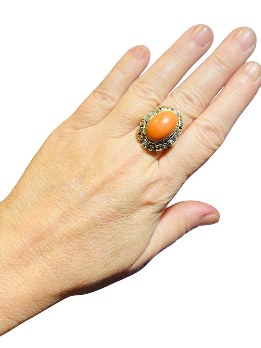 Bague époque 1940 Or 14 Carat Sertie Cabochon Corail Et Diamants Taille Ancienne-photo-3