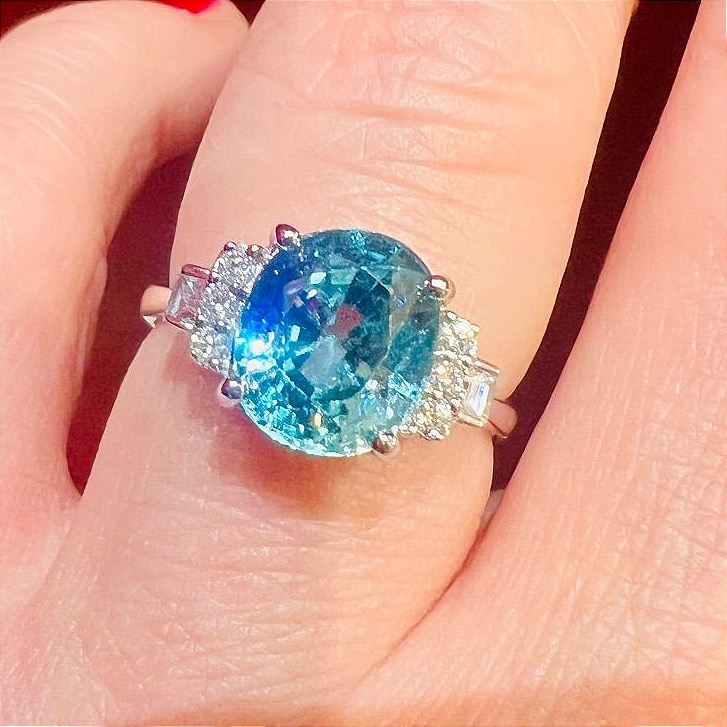 18k White Gold Ring With 4.32 Ct Natural Blue Zircon And Diamonds, Art Deco Style-photo-2