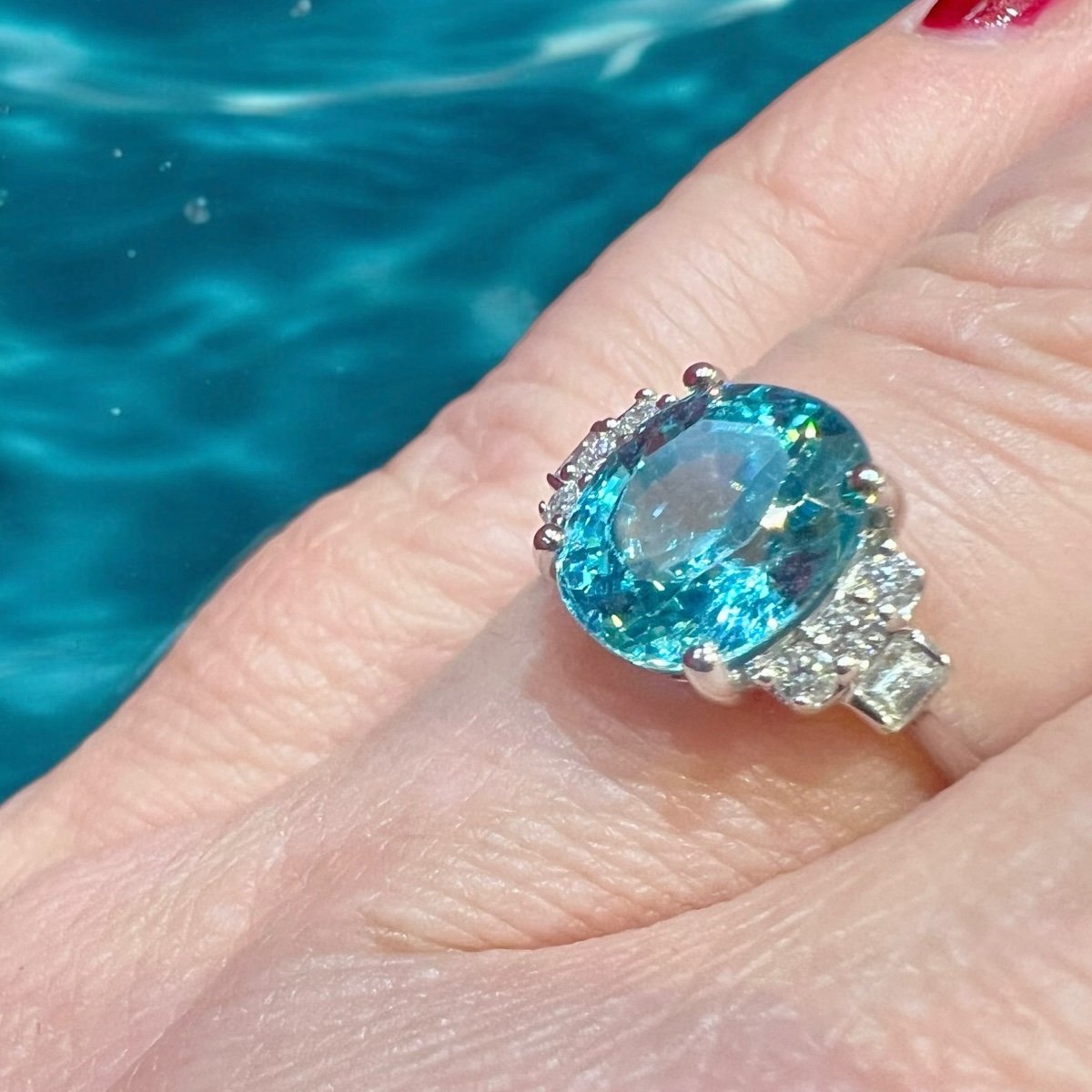 18k White Gold Ring With 4.32 Ct Natural Blue Zircon And Diamonds, Art Deco Style-photo-3
