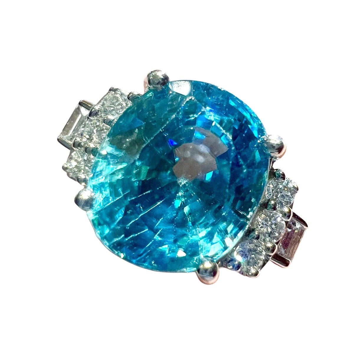 18k White Gold Ring With 4.32 Ct Natural Blue Zircon And Diamonds, Art Deco Style-photo-4