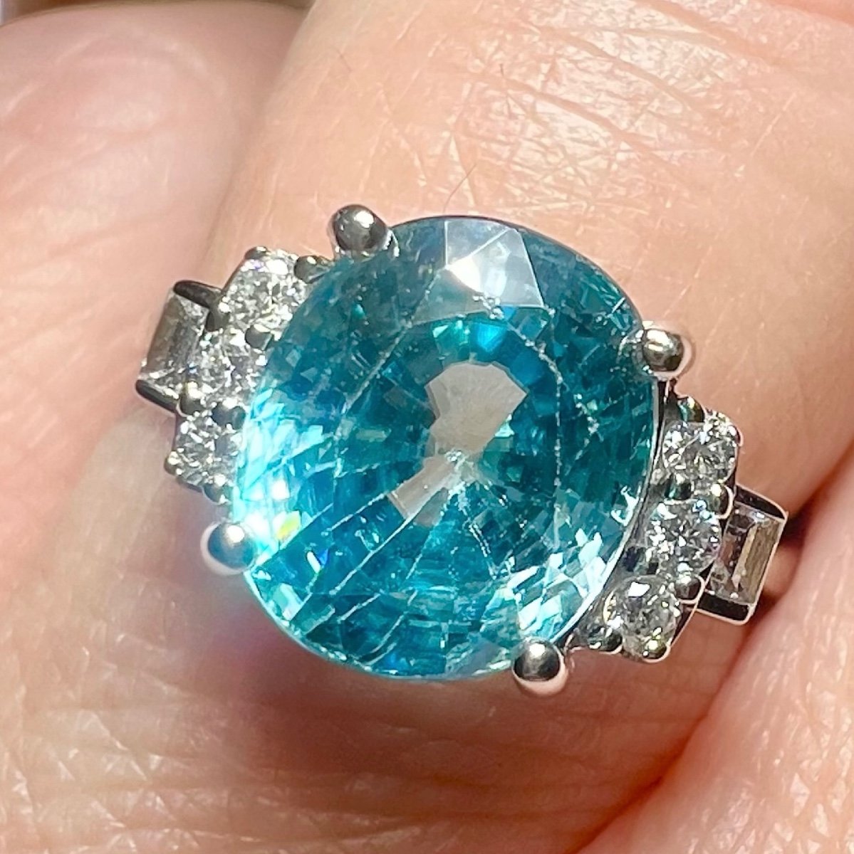 18k White Gold Ring With 4.32 Ct Natural Blue Zircon And Diamonds, Art Deco Style-photo-1
