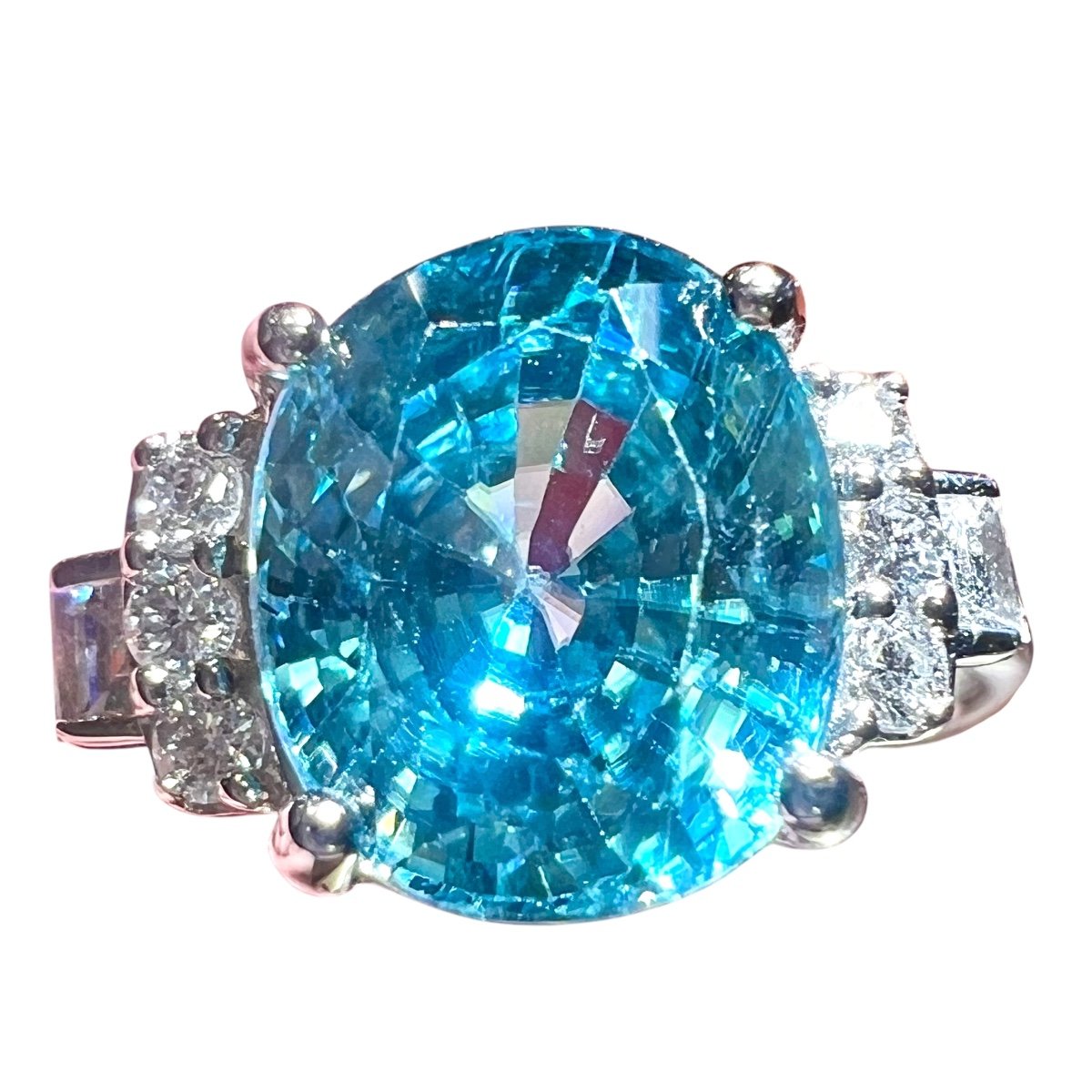 18k White Gold Ring With 4.32 Ct Natural Blue Zircon And Diamonds, Art Deco Style-photo-2