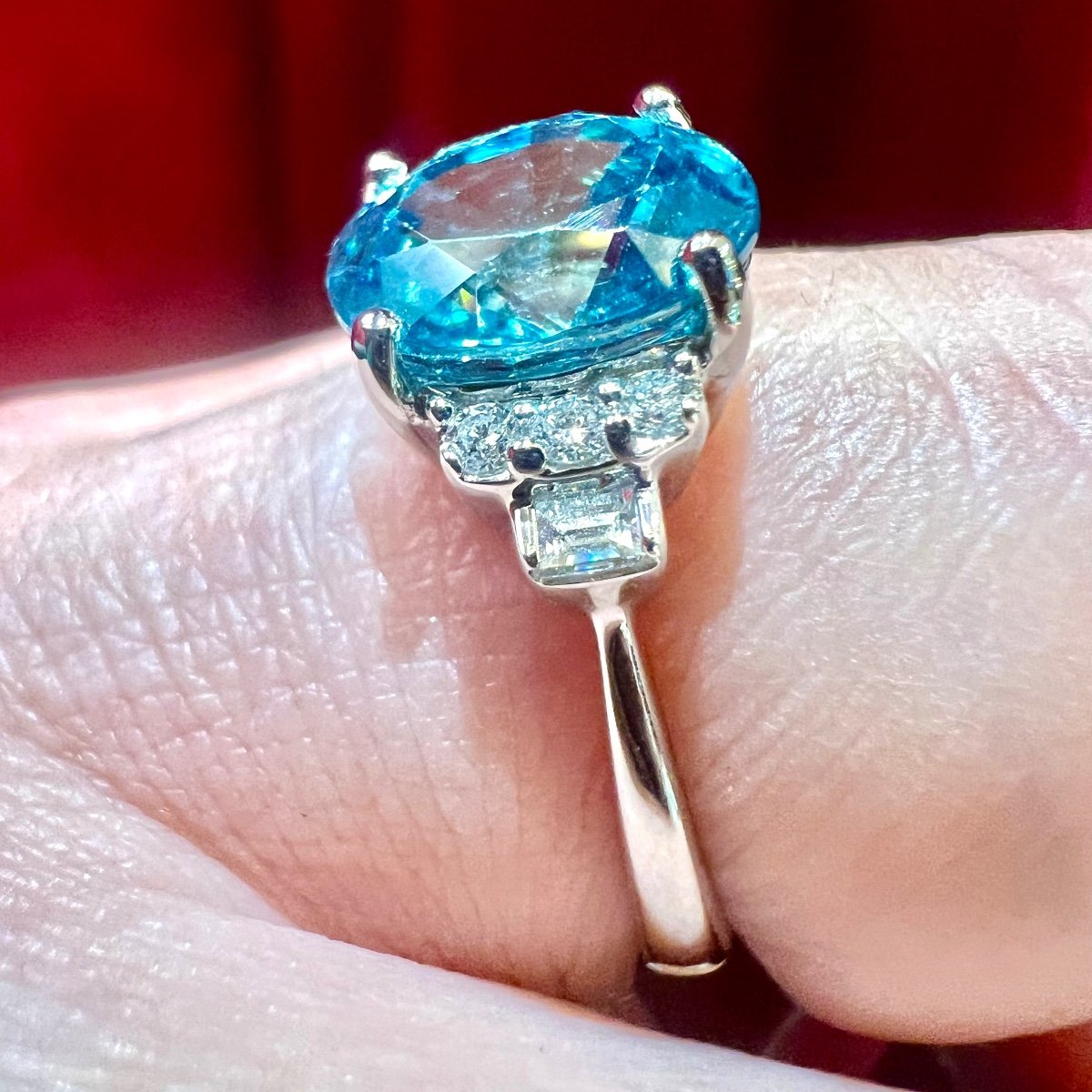 18k White Gold Ring With 4.32 Ct Natural Blue Zircon And Diamonds, Art Deco Style-photo-3