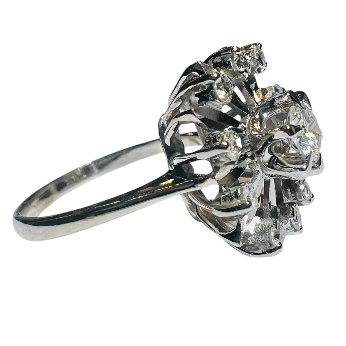Vintage Engagement Ring, "star" Model, 18-carat White Gold, Set With Diamonds, 1960s Era-photo-3