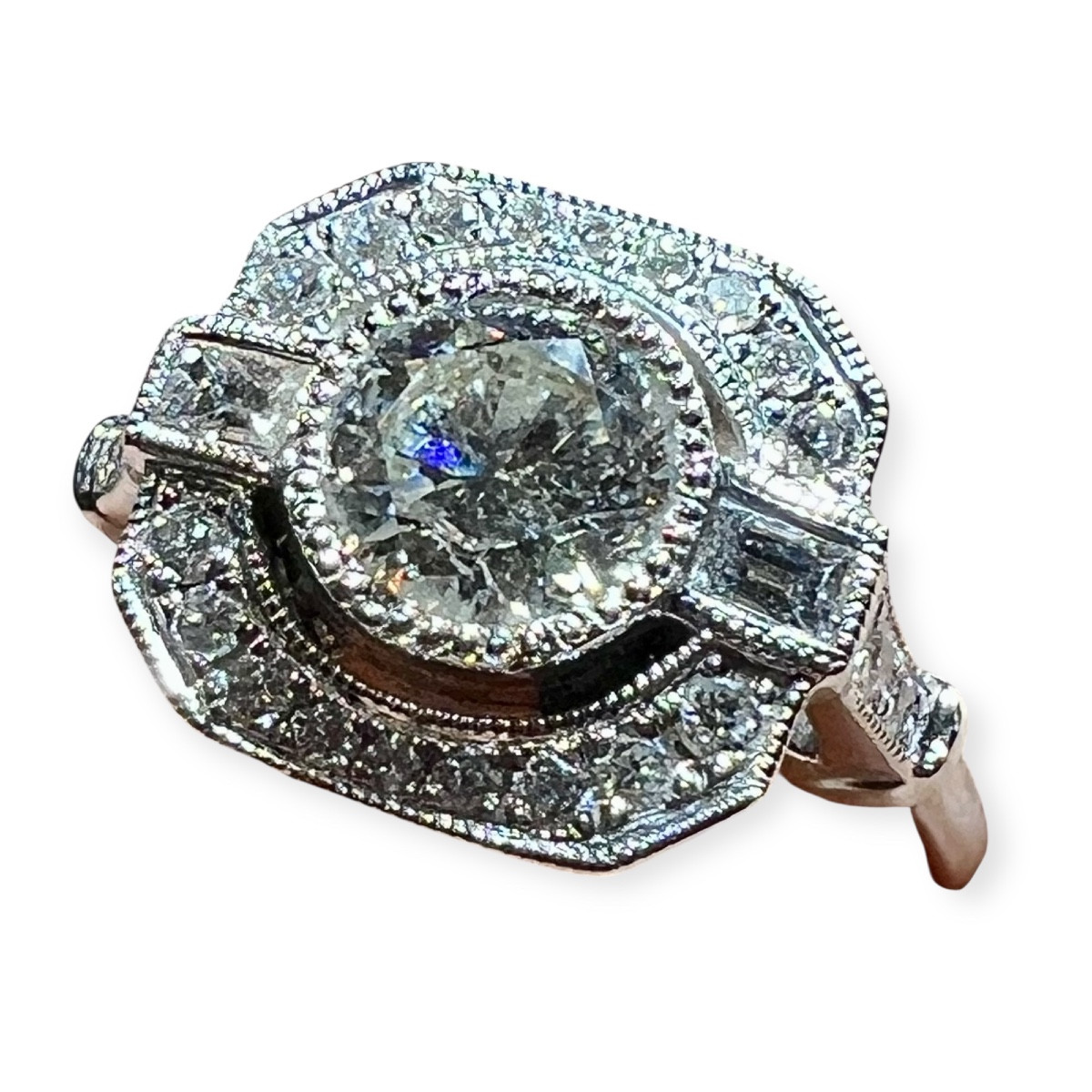 Art Deco Style Ring In 18k White Gold – 1.01 Ct H-si Center Diamond, Refined Pavé Setting