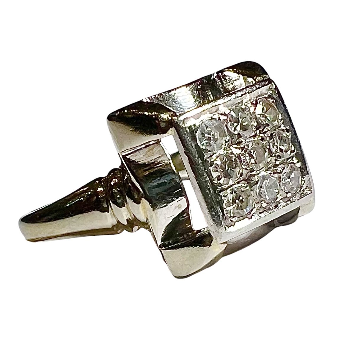 Bague diamant ,   or 18 ct blanc,   9 diamants pour 0.35 ct , époque 1930/1940-photo-3