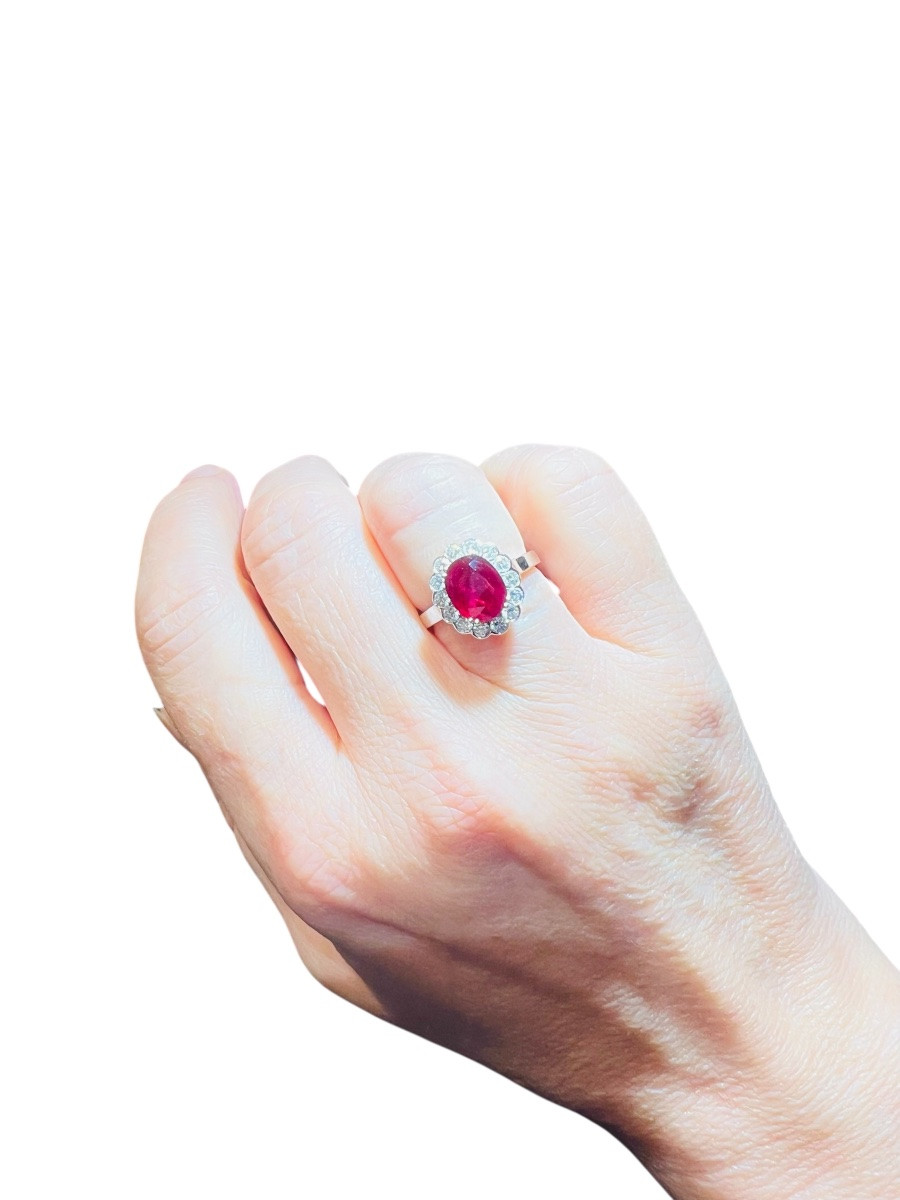 Bague Pompadour rubis sang de pigeon 1.60 ct et diamants, or blanc 18k Style Art DÉCO-photo-3