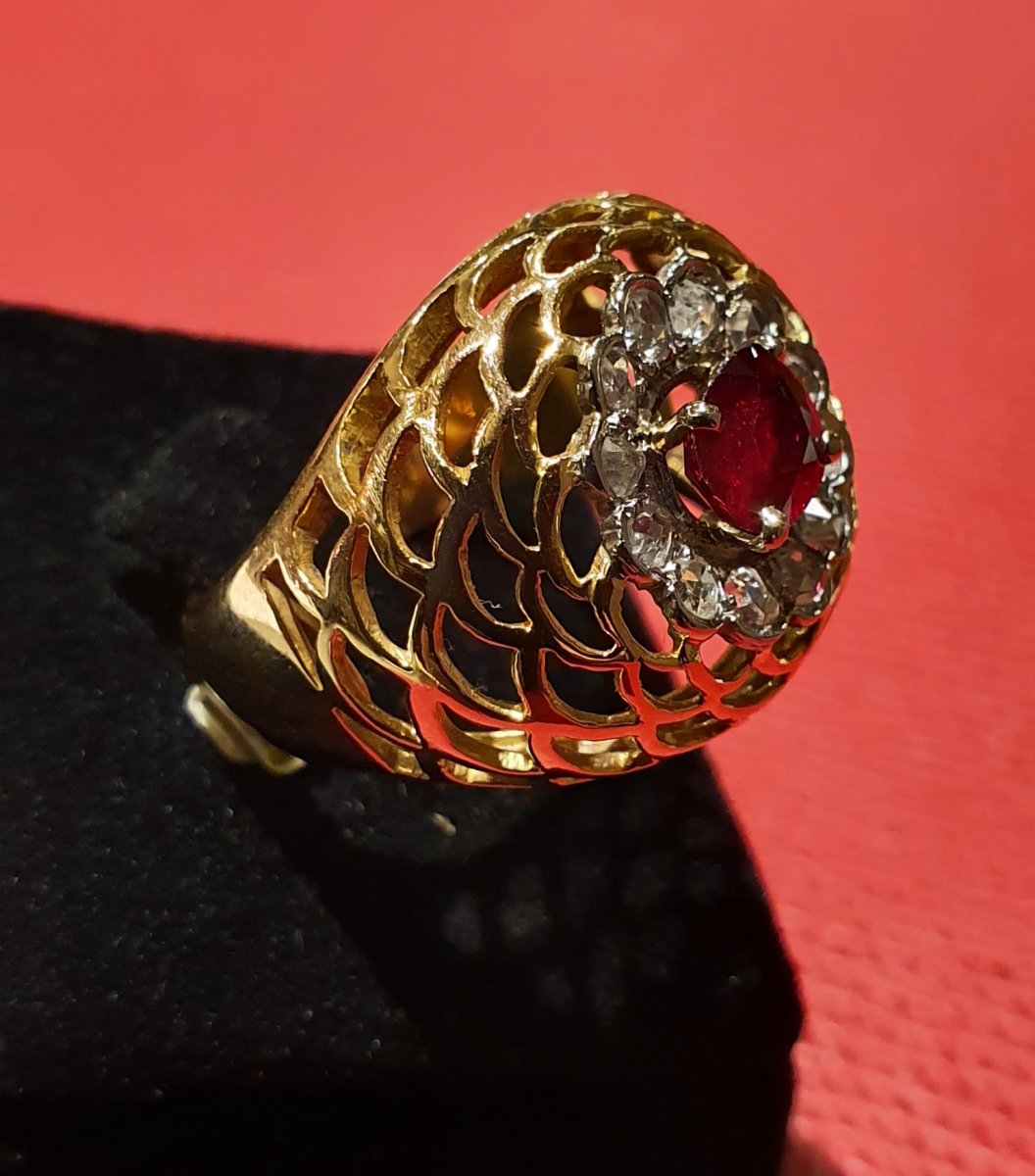 18ct Gold Ring Set With Old Cut Diamonds Center Ruby 0,80ct-photo-4