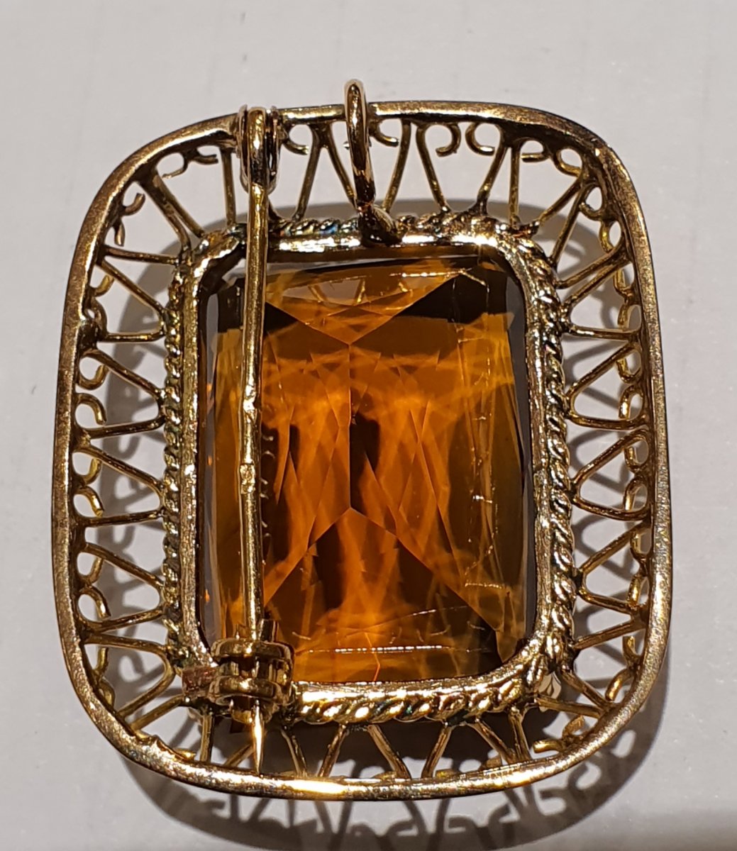 18ct Gold Pendant Brooch Set With Citrine Color Cognac-photo-3