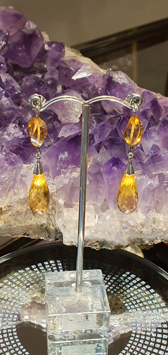 18ct Gold Earrings Set With Citrine And Diamonds