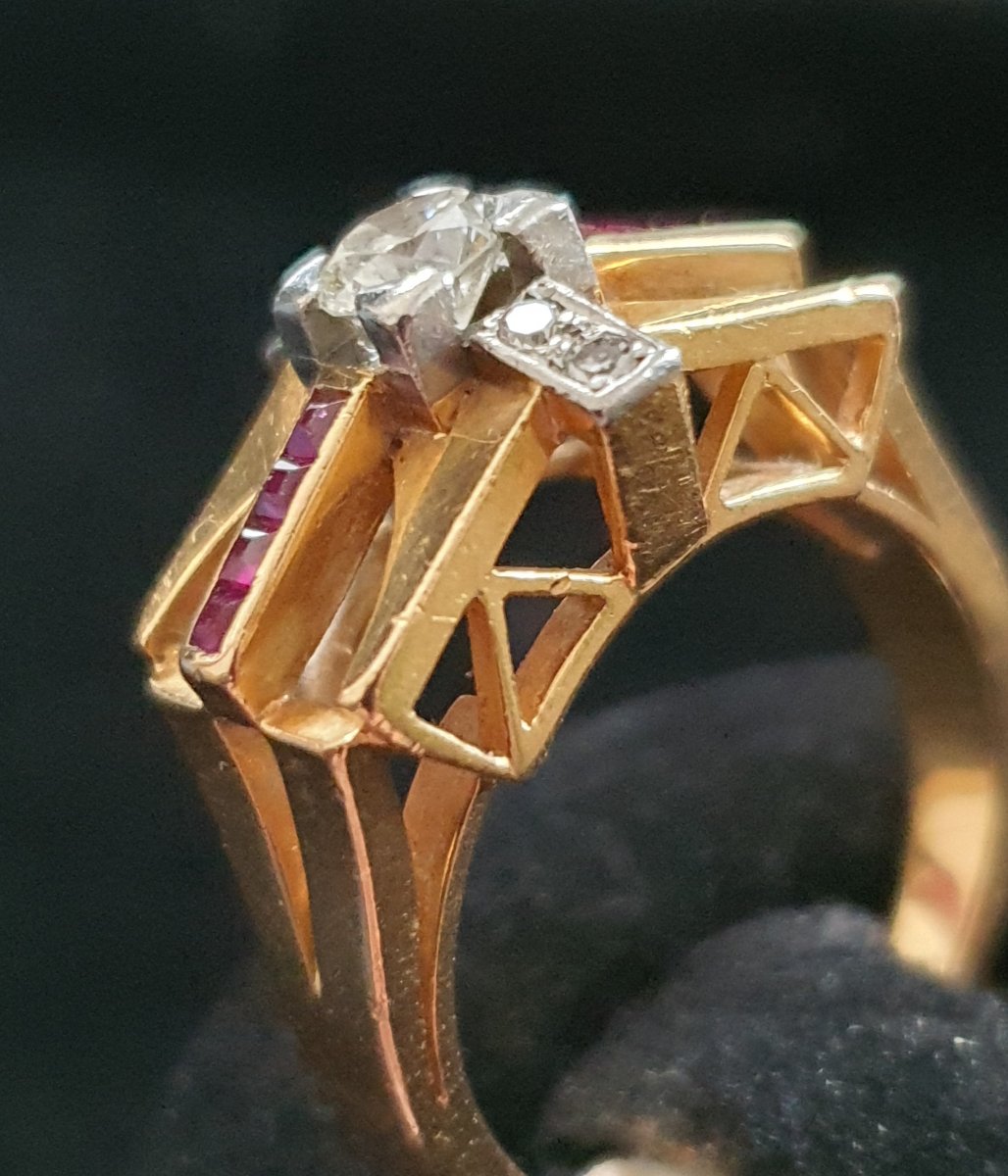 bague en or 18ct sertie de diamants taille ancienne et rubis baguettes -photo-3