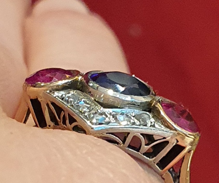 14ct Gold Ring Art Deco Sapphire Ruby And Roses-photo-2