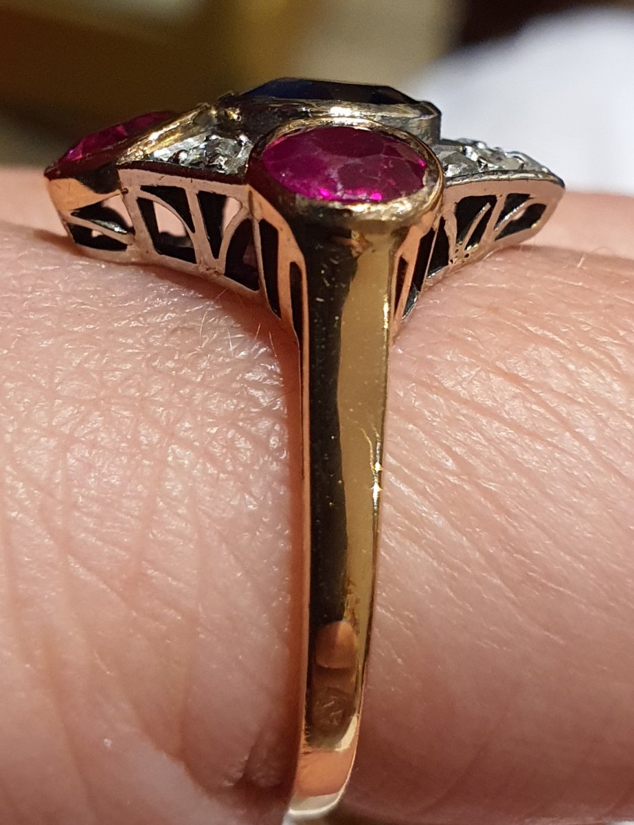 14ct Gold Ring Art Deco Sapphire Ruby And Roses-photo-3