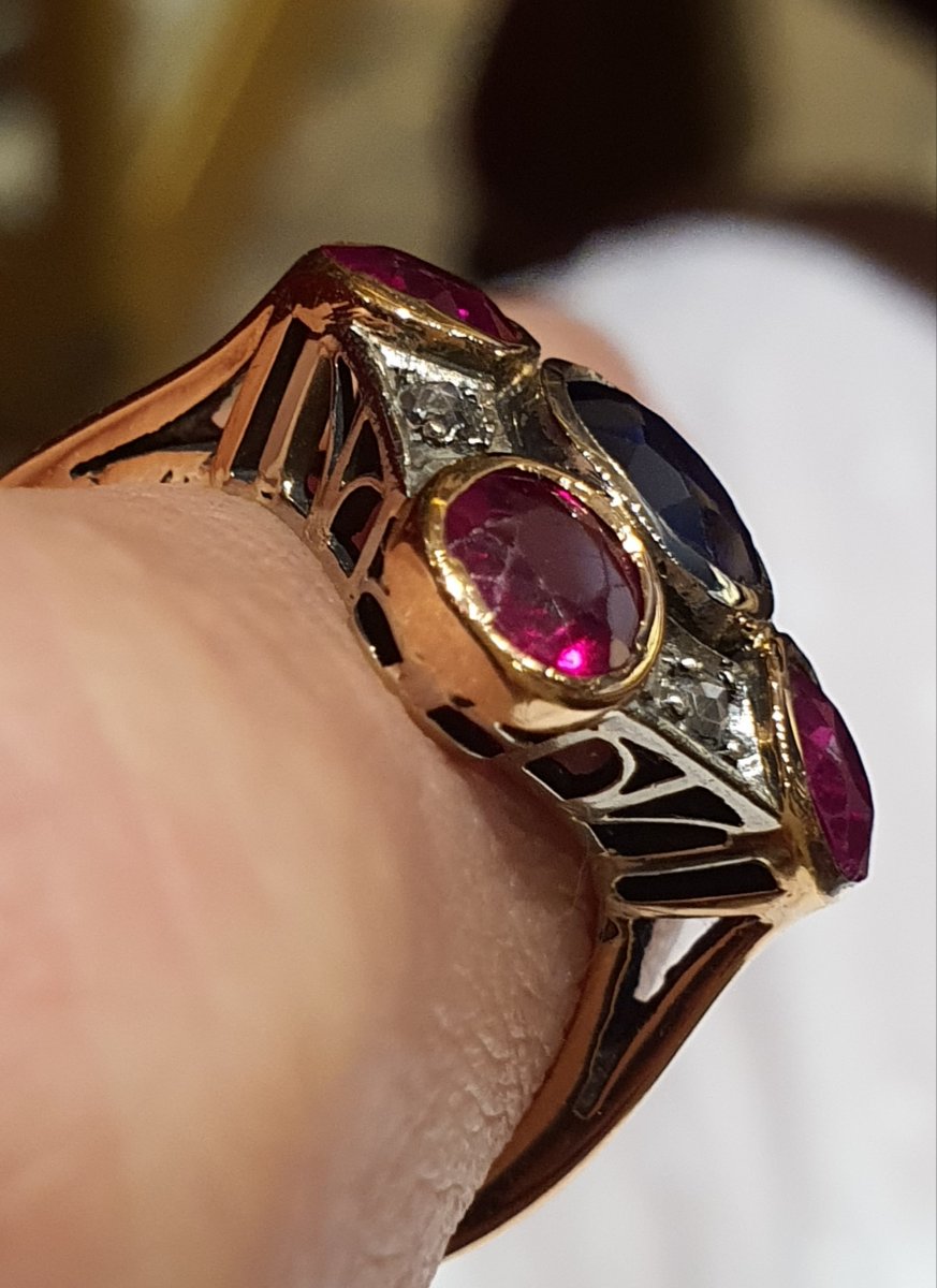 14ct Gold Ring Art Deco Sapphire Ruby And Roses-photo-4