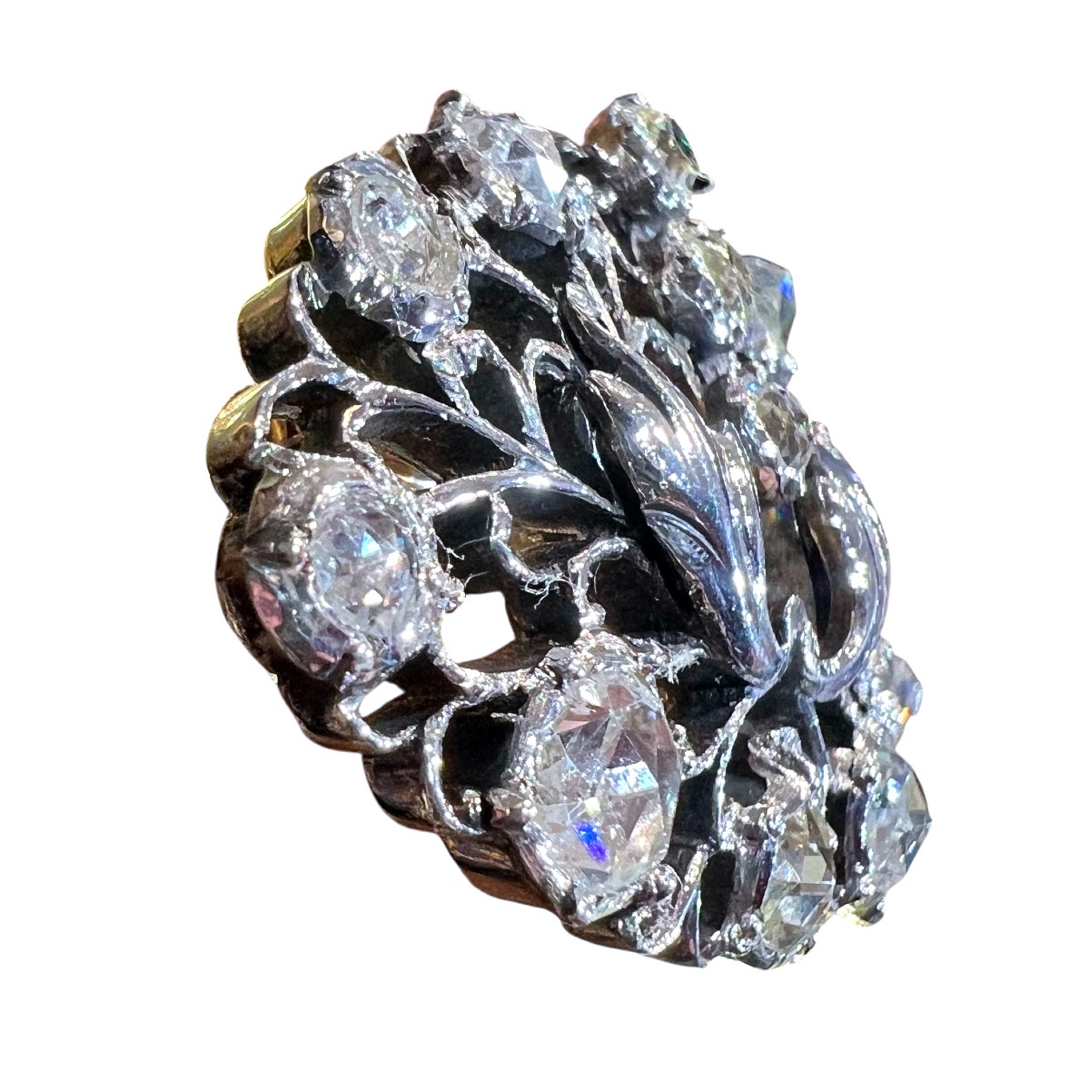 Broche En Or 18ct Et  Argent Sertie Diamants Taille Ancienne -photo-2