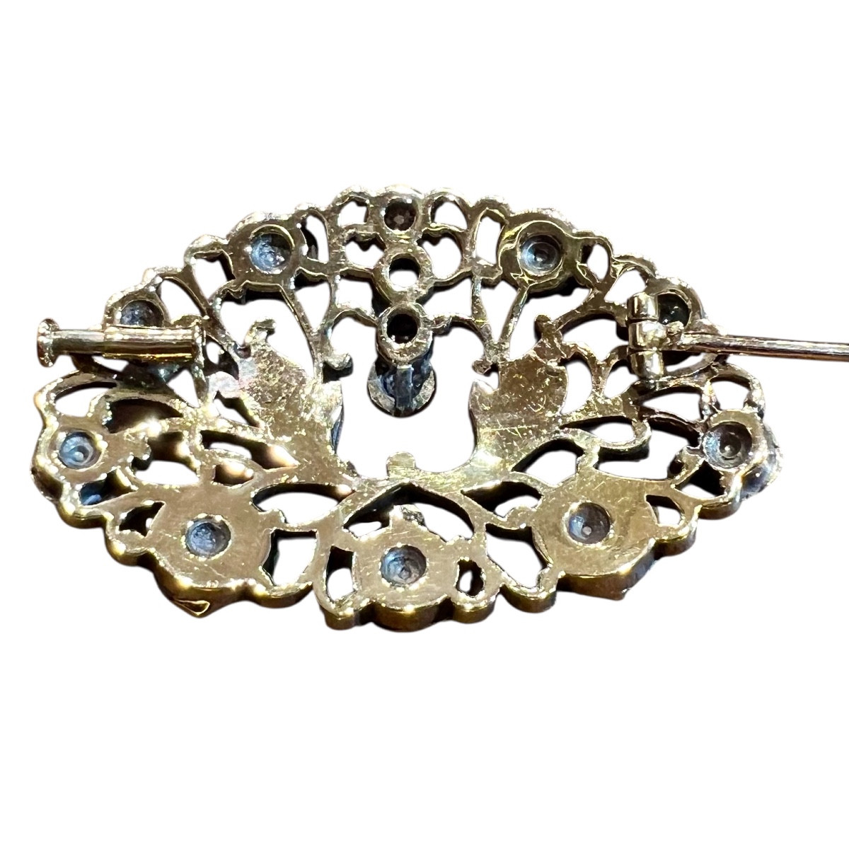Broche En Or 18ct Et  Argent Sertie Diamants Taille Ancienne -photo-3