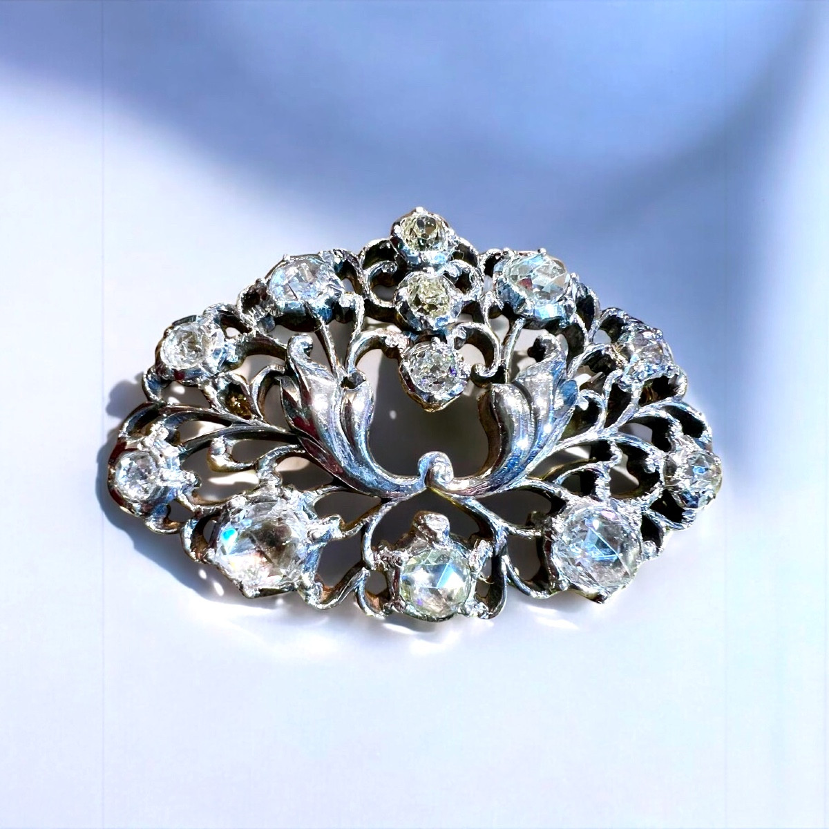 Broche En Or 18ct Et  Argent Sertie Diamants Taille Ancienne 