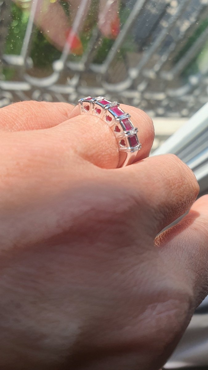 bague de fiançailles Rubis calibrés et diamants taille baguette , or 18 carat-photo-4