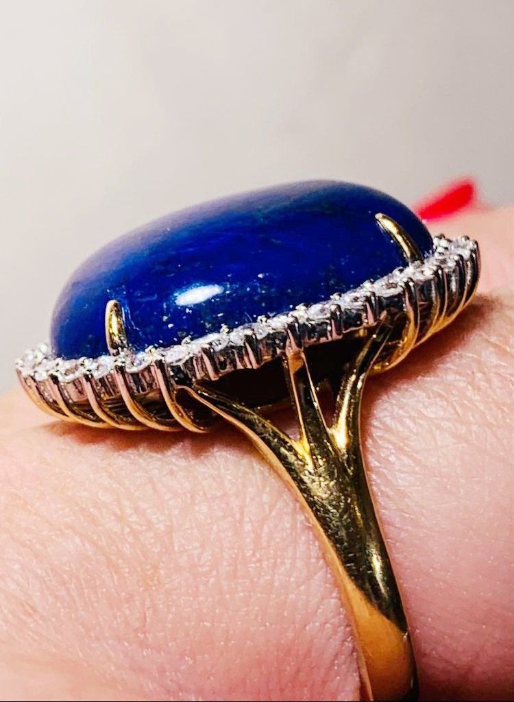 Bague Or Jaune Sertie D Un Lapis Lazuli Entouré De Brillants -photo-3