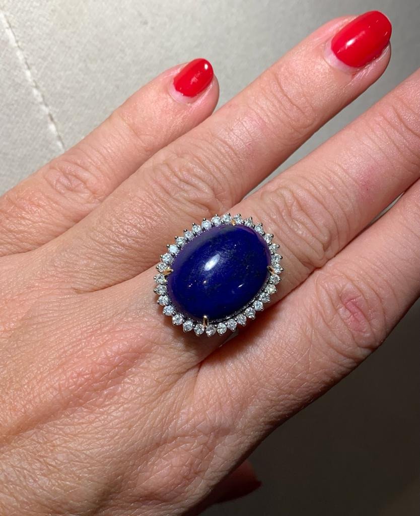  Bague Or Jaune Sertie D Un Lapis Lazuli Entouré De Brillants -photo-4