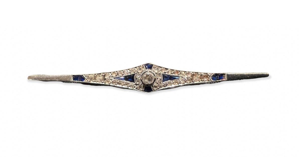Broche En Platine Art Deco Sertie Saphirs Et Diamants Taille Ancienne-photo-1