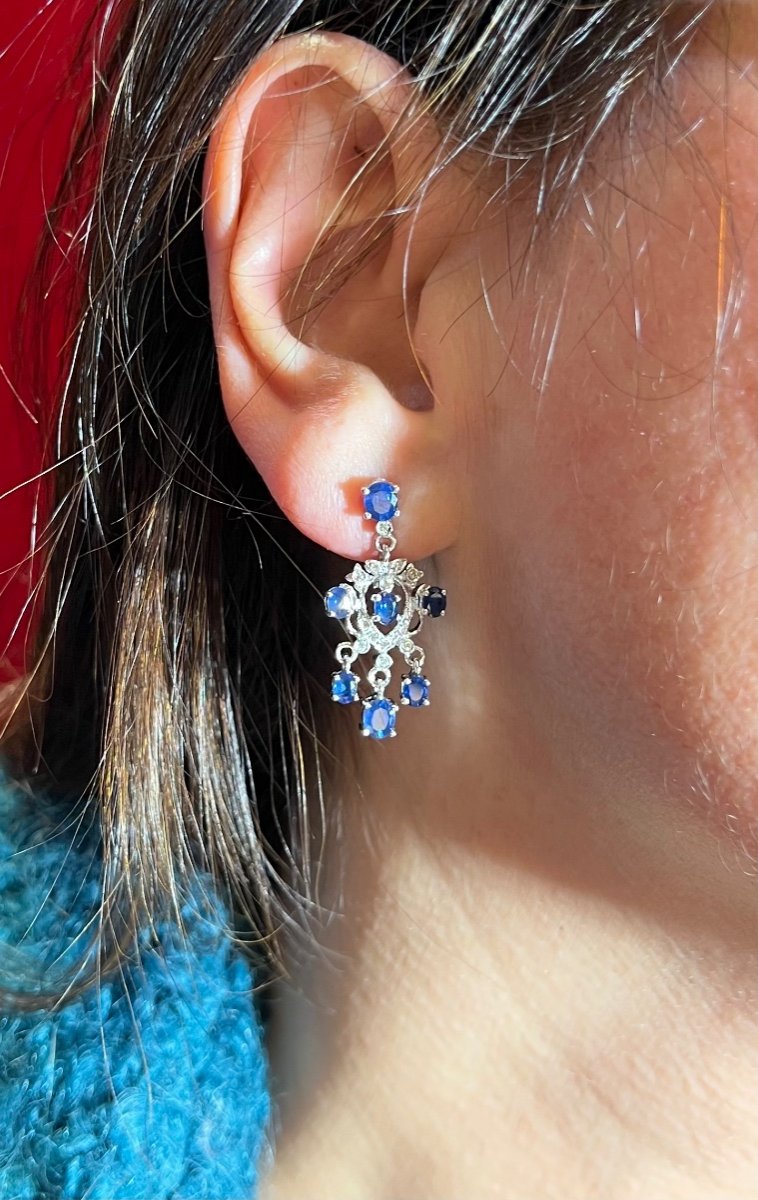 Boucles D Oreille En Or 18ct Serties Saphirs Et Brillants -photo-3