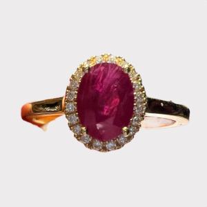 Ring In 18 Carat Gold, Set With A Ruby In Its Center, Paving With Brilliants