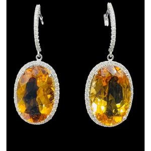 Pair Of 18 Carat Gold Earrings Set With Citrines Surrounded By Diamonds