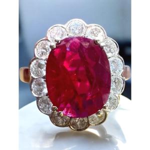 Bague Pompadour rubis sang de pigeon 1.60 ct et diamants, or blanc 18k Style Art DÉCO