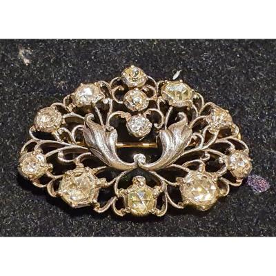 Broche En Or 18c Et  Argent Sertie Diamants Taille Ancienne 