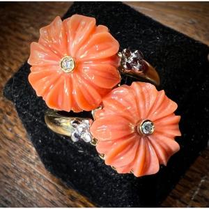 Bague Or 18ct Sertie De Fleurs En Corail Et Brillants 