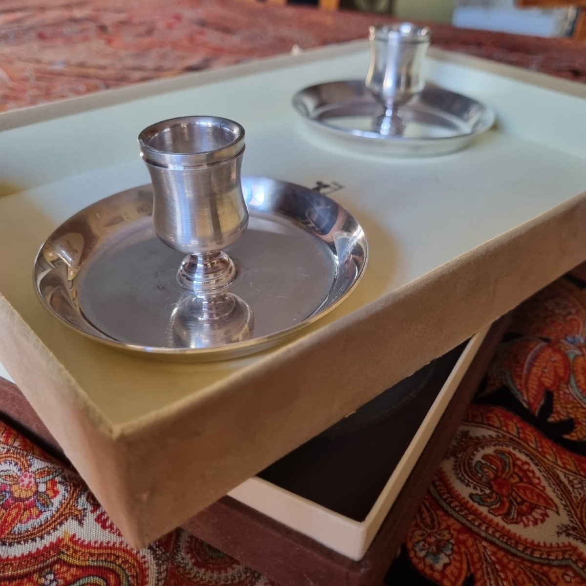 Pair Of Maison Hermès Candle Holders Hermès Silver Metal End Tables. Hermes-photo-1